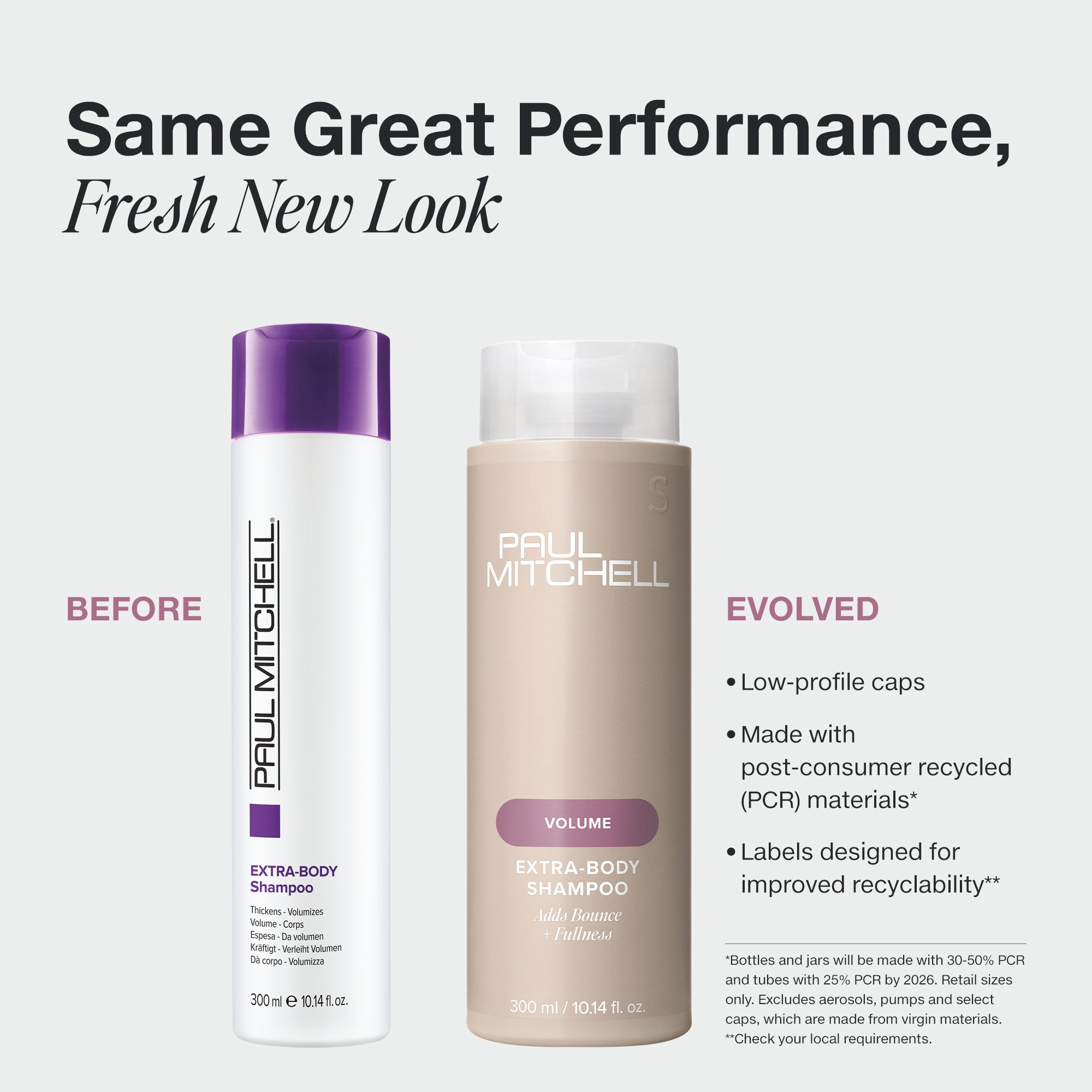 Paul Mitchell Extra-Body Shampoo in new PCR packaging with a low-profile cap.