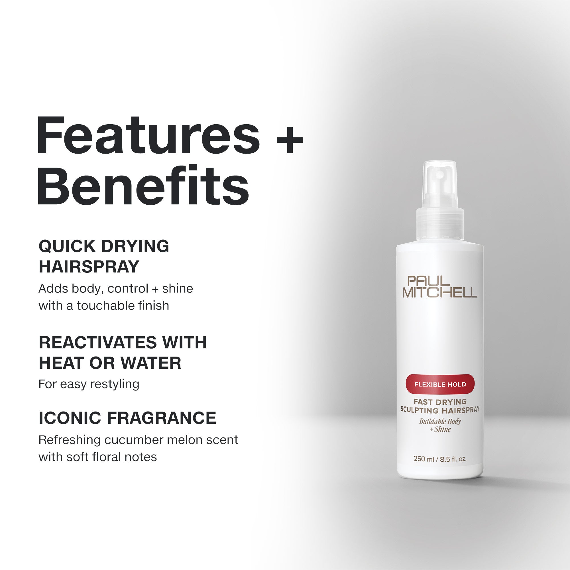 Paul Mitchell Fast Drying Sculpting Hairspray: quick-drying hairspray reactivates with heat or water; cucumber melon scent.
