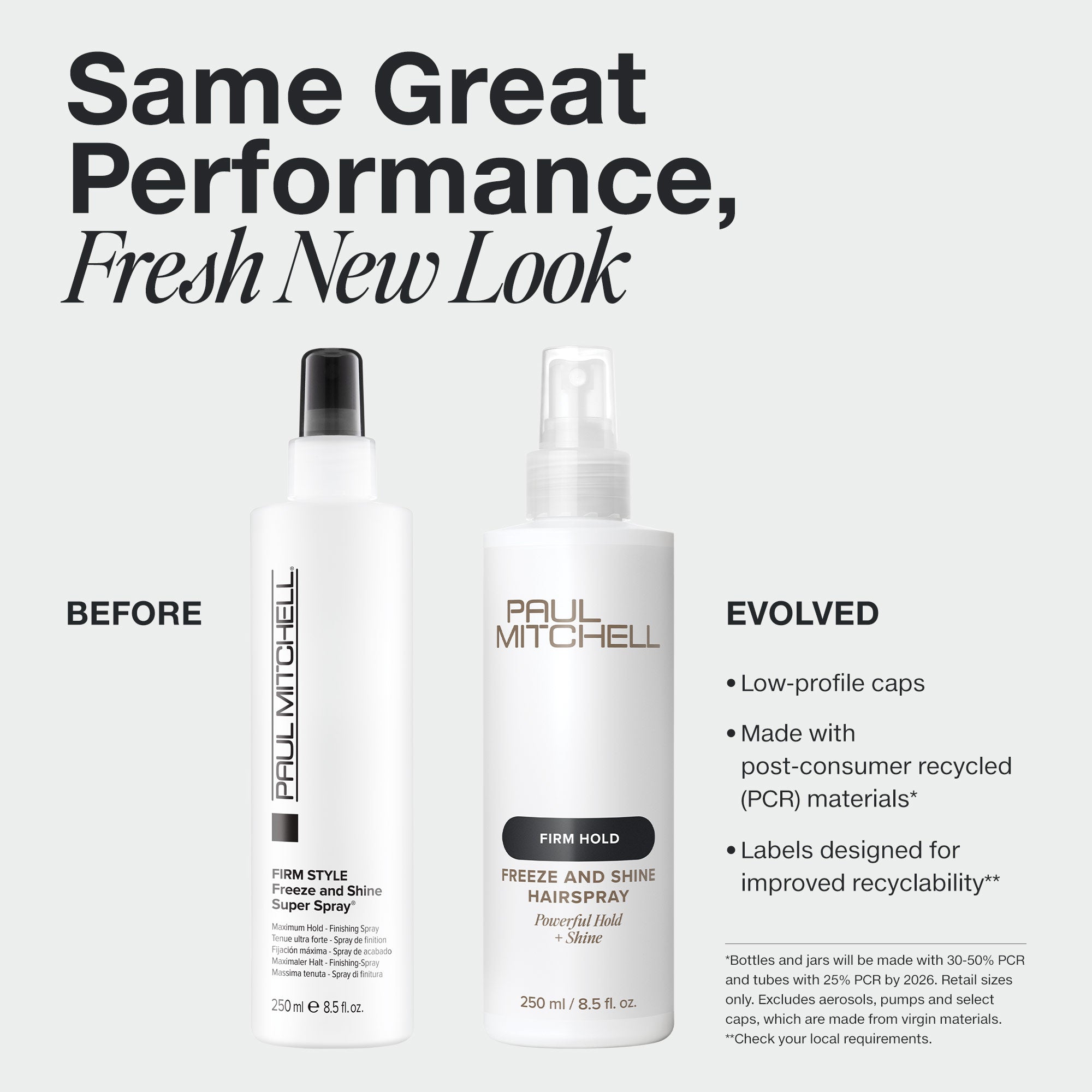 Paul Mitchell Freeze and Shine Hairspray in new PCR packaging with a low-profile cap.