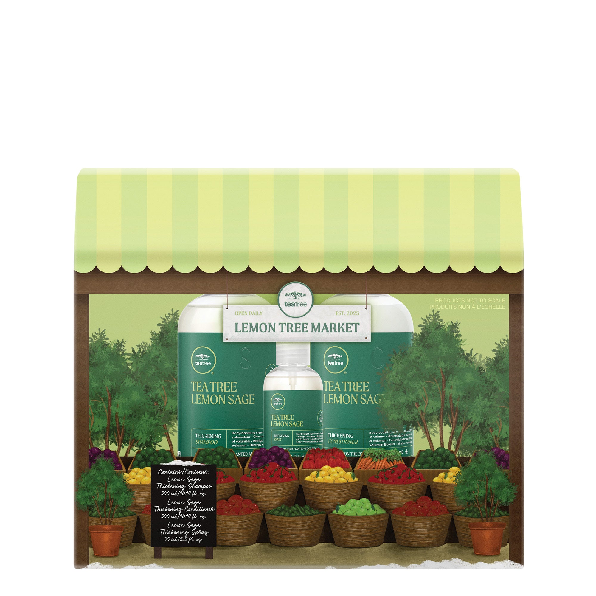 Tea Tree Lemon Sage Holiday Gift Set contains volumizing shampoo, conditioner and thickening spray for fine hair.