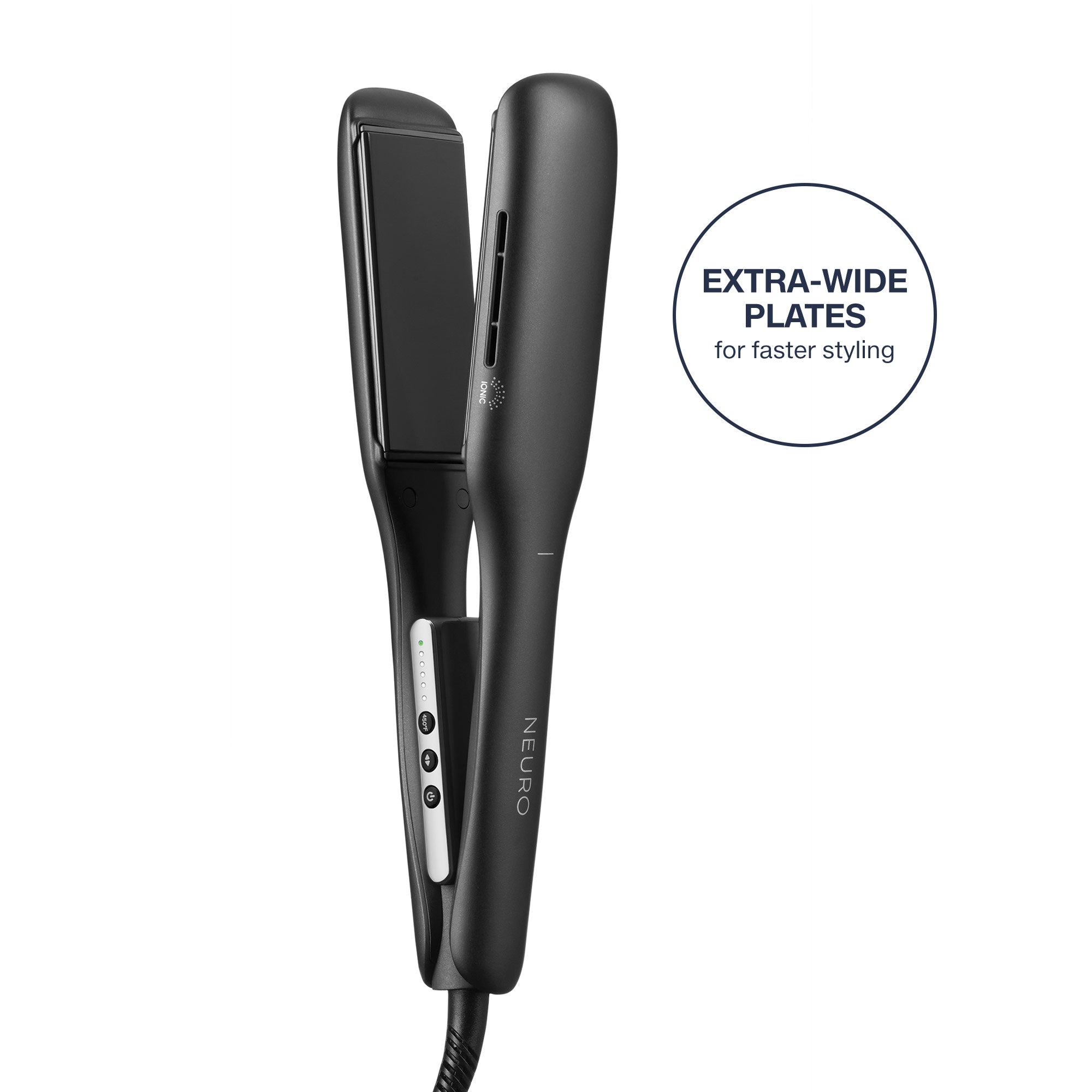 The Neuro Smooth+ 1.75" flat iron features extra-wide plates for faster styling of long, thick or curly hair.