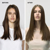 before/after image of a woman with long, straight brunette hair