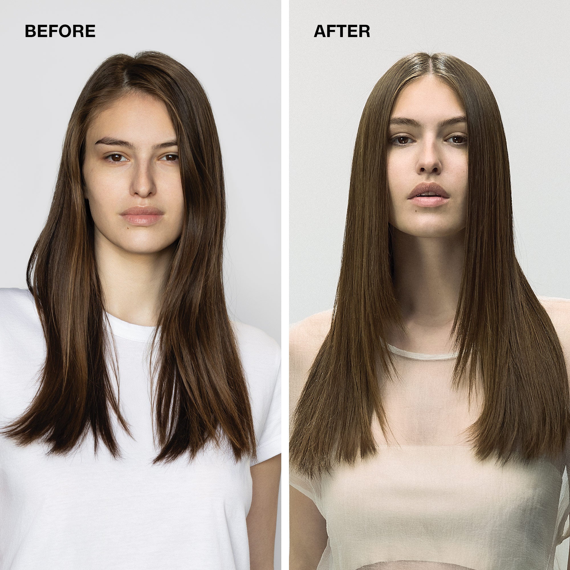 before/after image of a woman with long, straight brunette hair