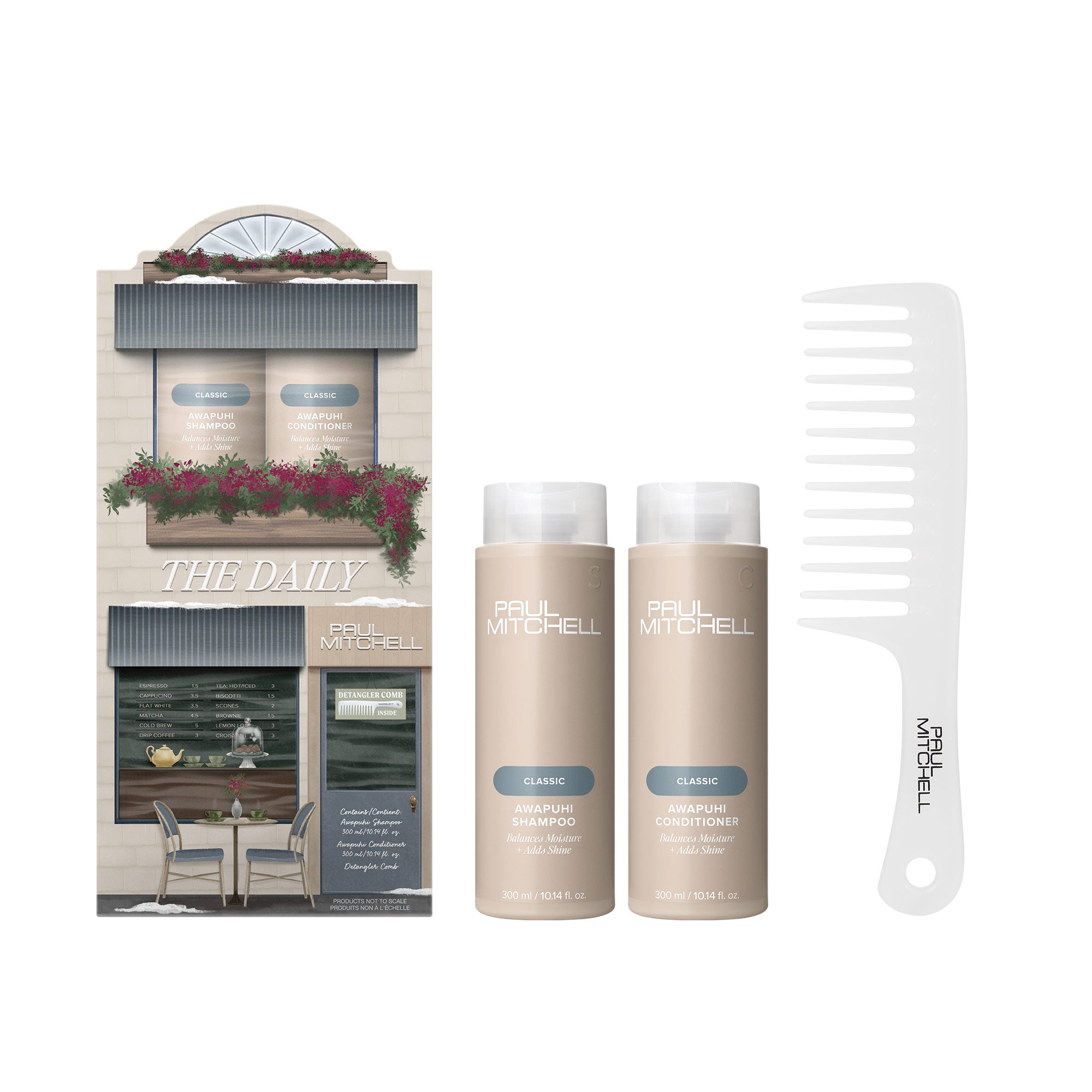 Paul Mitchell Awapuhi Holiday Gift Set contains Awapuhi Shampoo and Conditioner plus a detangler comb.