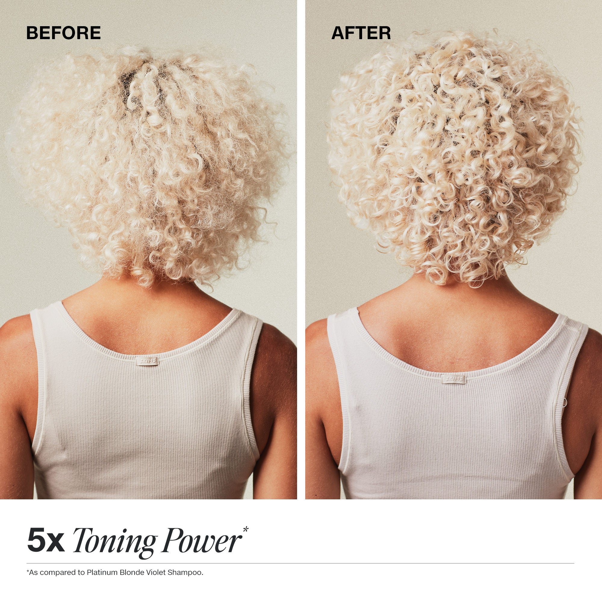 Before and after washing with Platinum Plus Deep Violet Shampoo for 5x more toning power than Platinum Blonde Violet Shampoo.