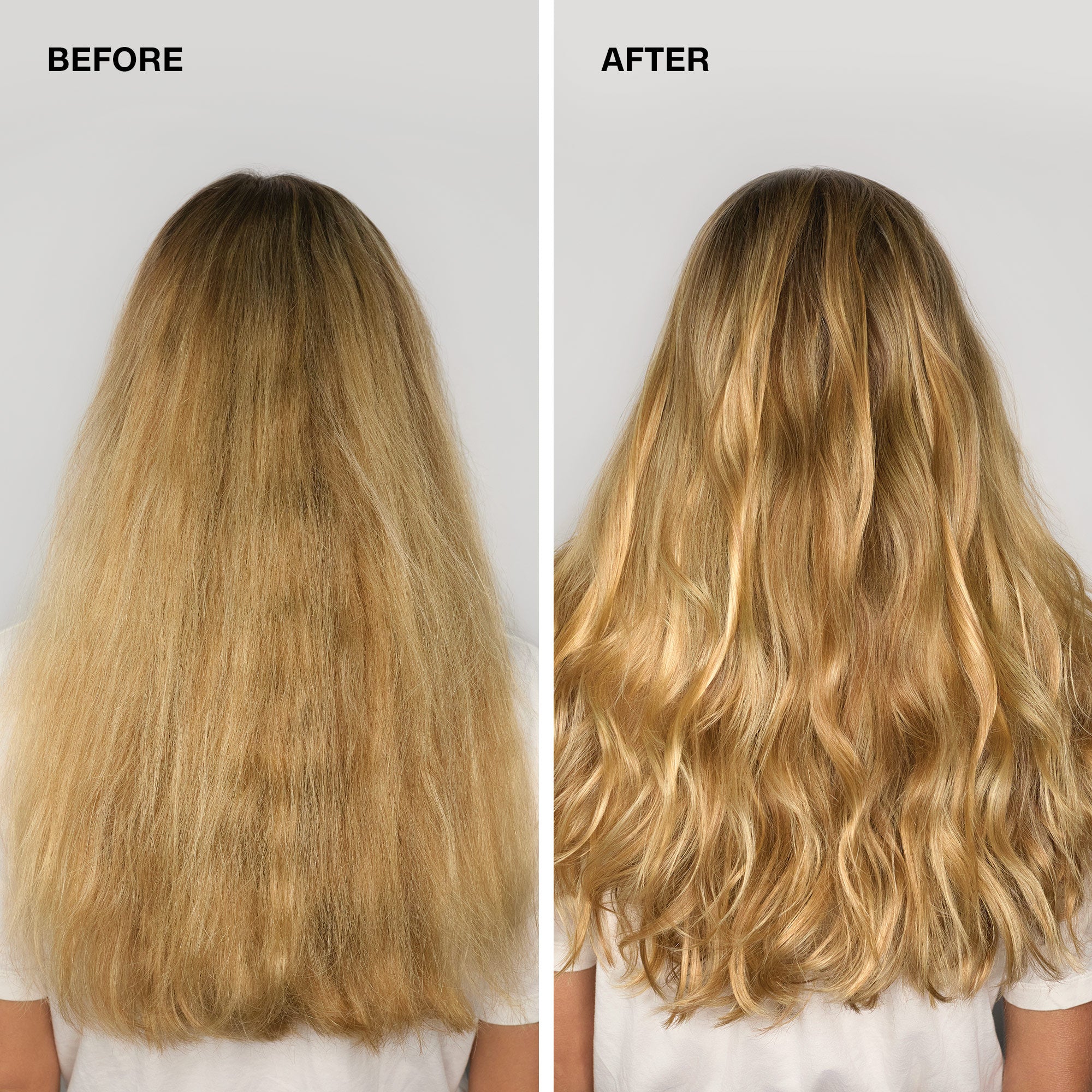 before/after image of a woman with long blonde hair