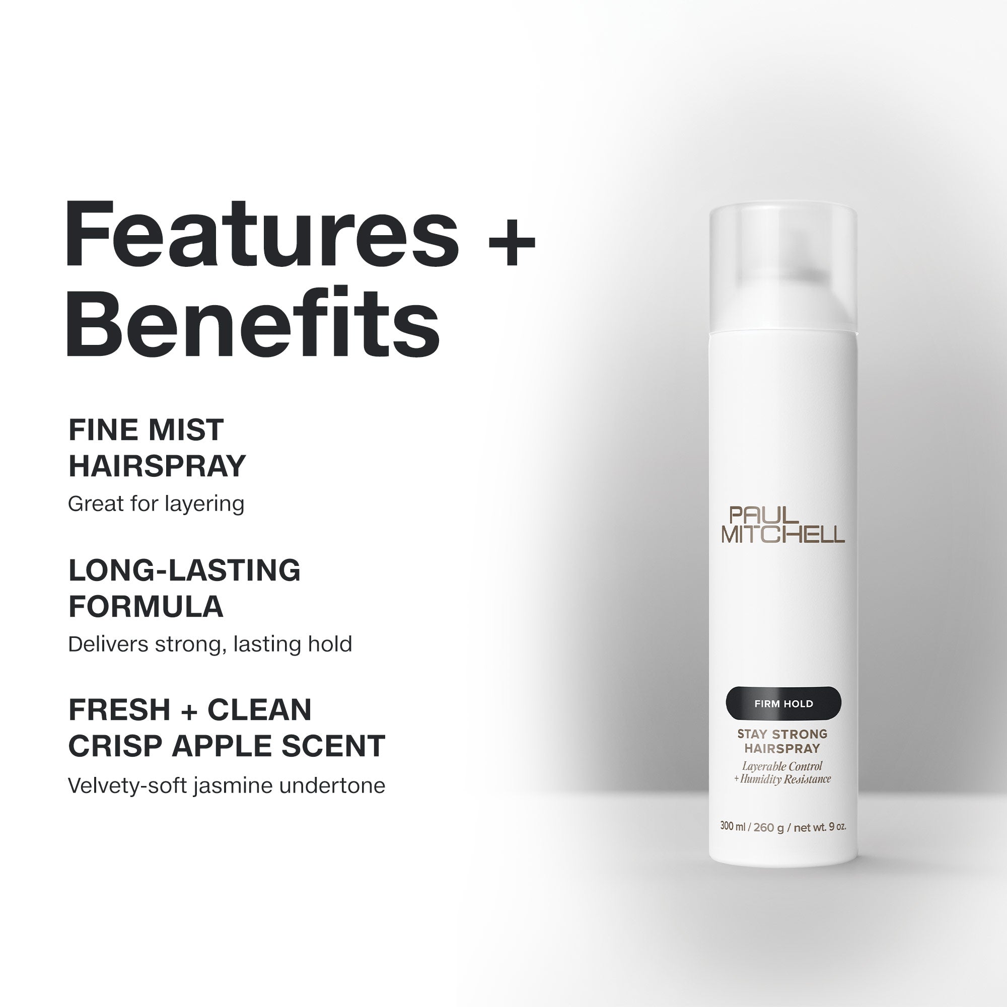 Paul Mitchell Stay Strong Hairspray: fine-mist hairspray delivers strong, lasting hold with a crisp clean apple scent.