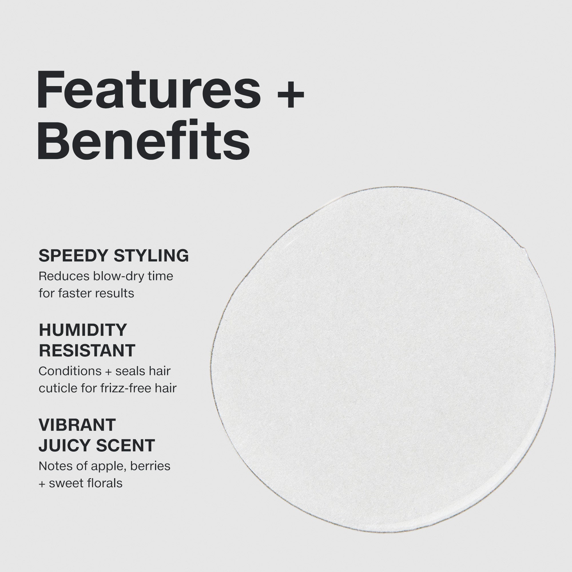 Features and benefits smear infographic for Paul Mitchell Super Skinny Serum