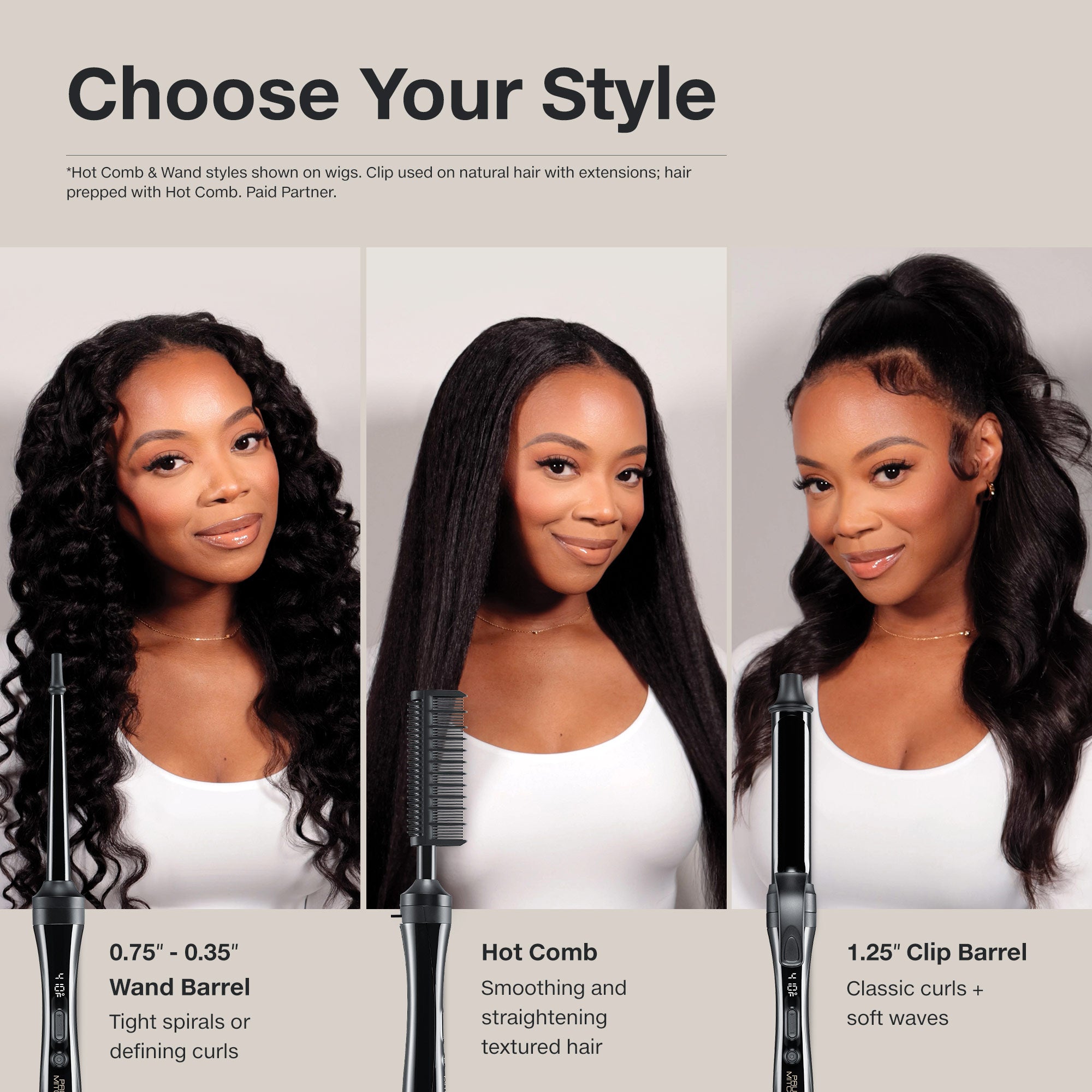 The Paul Mitchell Texture 3-in-1 Interchangeable Curling Iron & Hot Comb has 3 attachments to create endless styles.