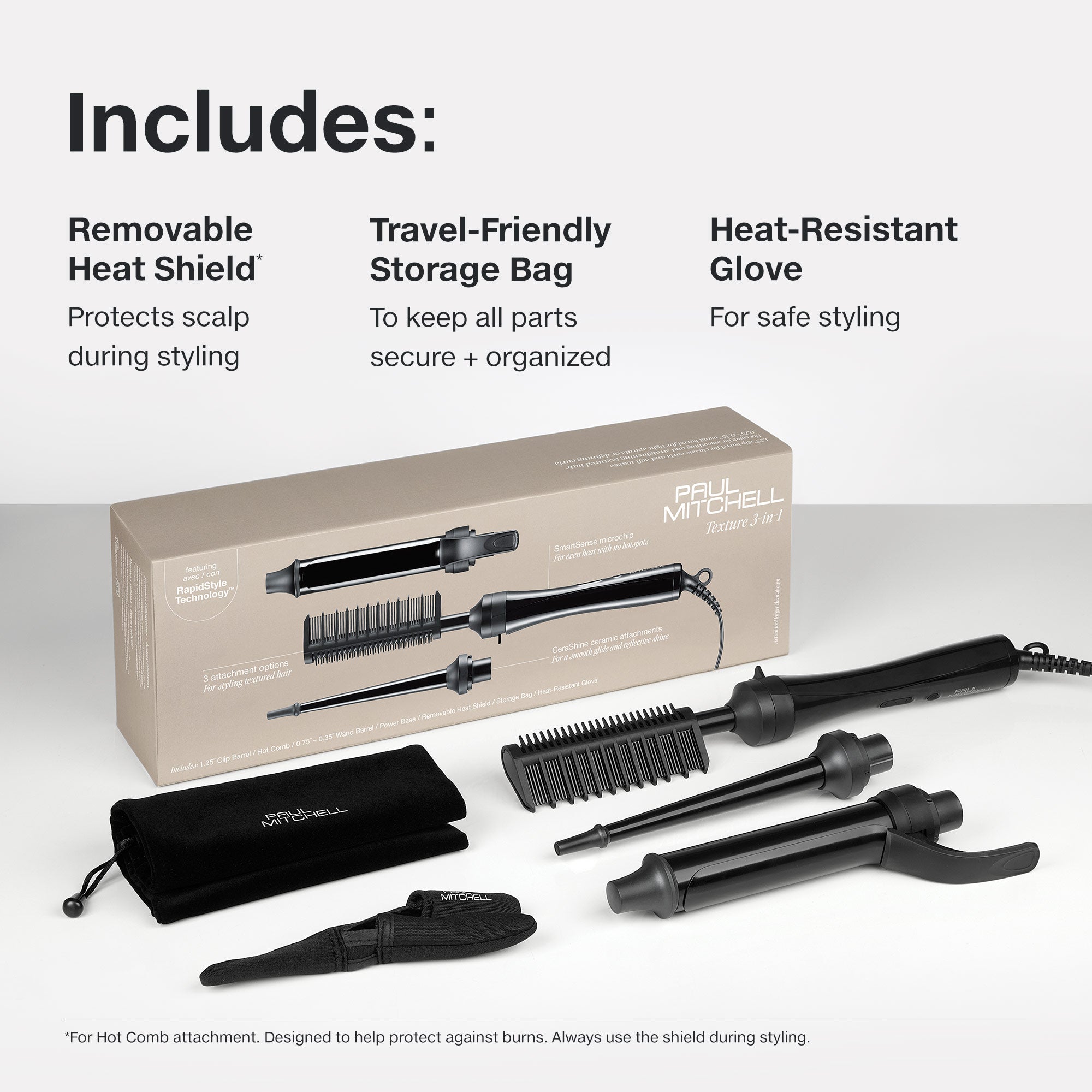 The Paul Mitchell Texture 3-in-1 comes with a removable heat shield, storage bag + heat-resistant glove.