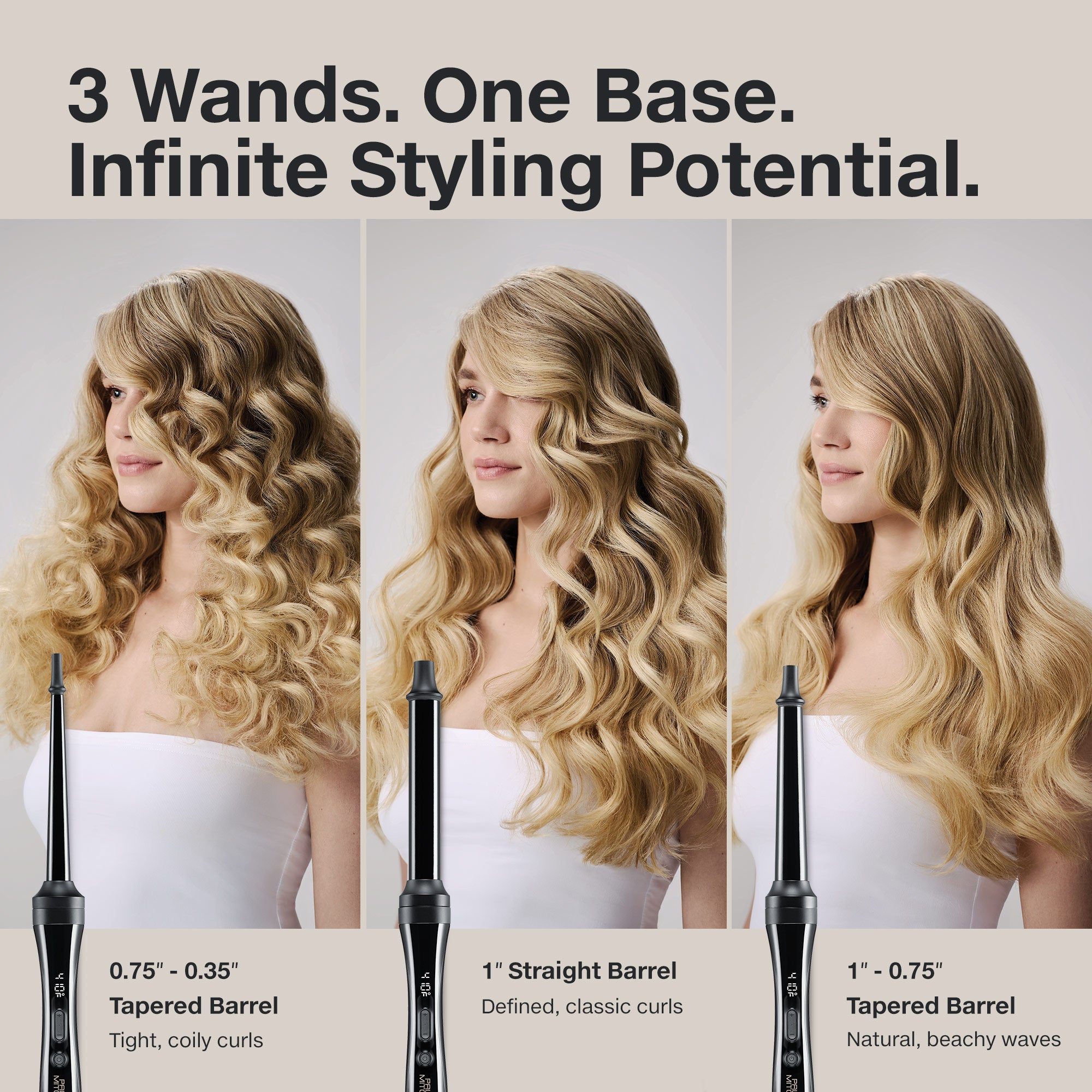 Paul Mitchell Unclipped 3-in-1 Ceramic Interchangeable Curling Wand has wands to create infinite styles.