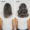 before/after image of a woman with long, voluminous hair