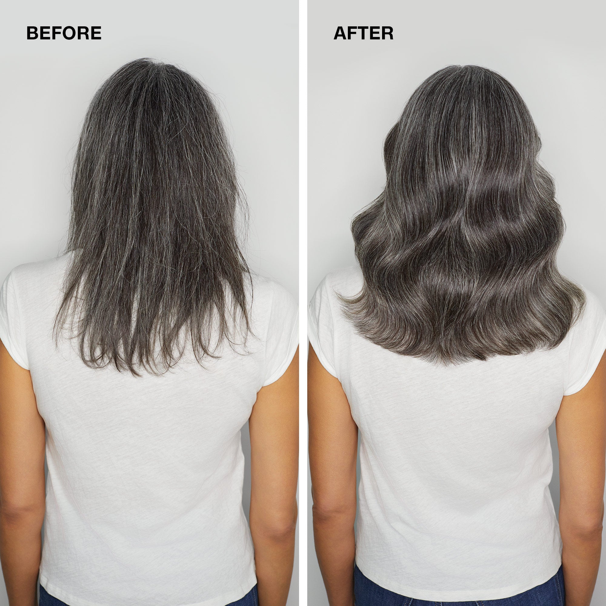before/after image of a woman with long, voluminous hair