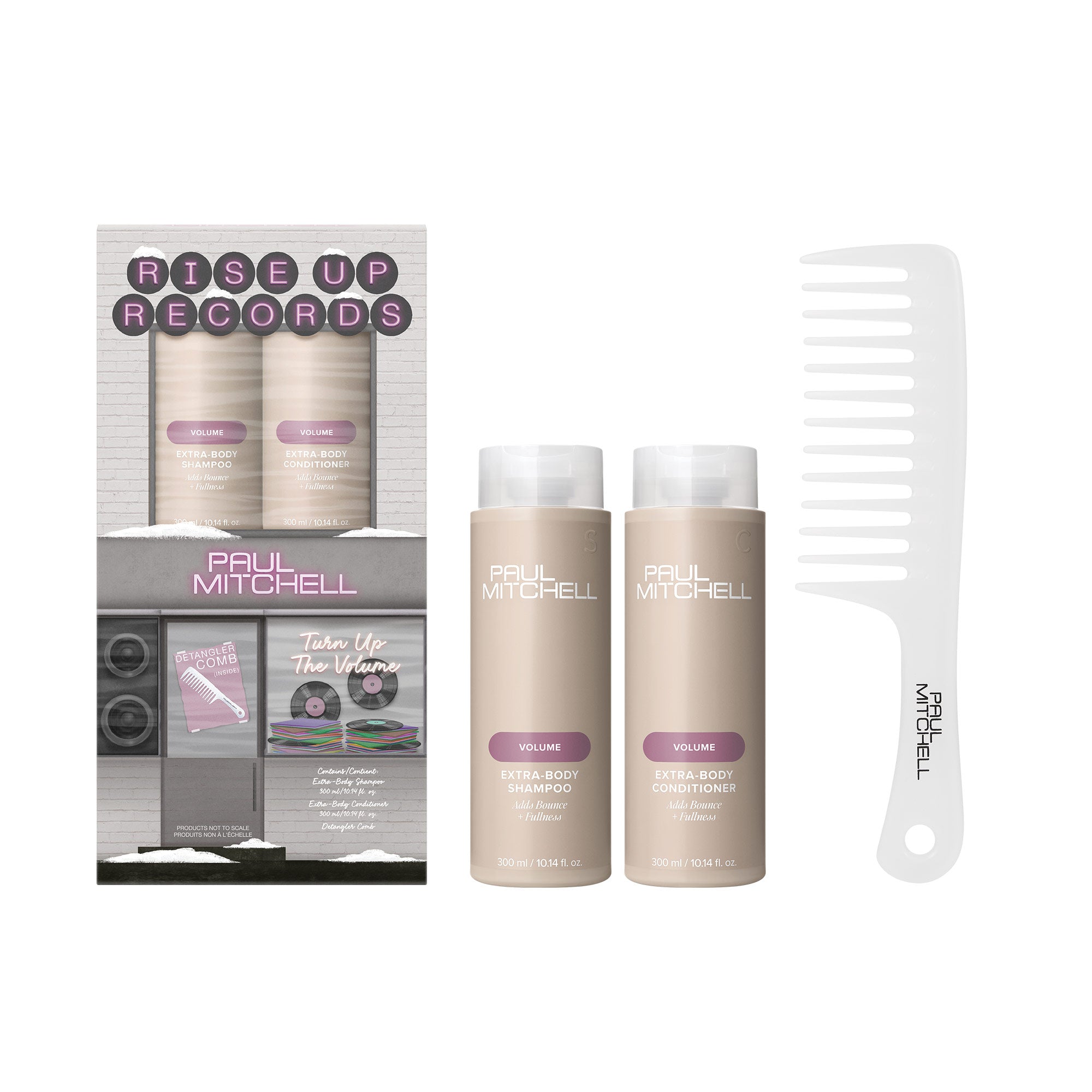 Paul Mitchell Extra-Body Holiday Gift Set contains shampoo and conditioner for fine hair plus a detangler comb.