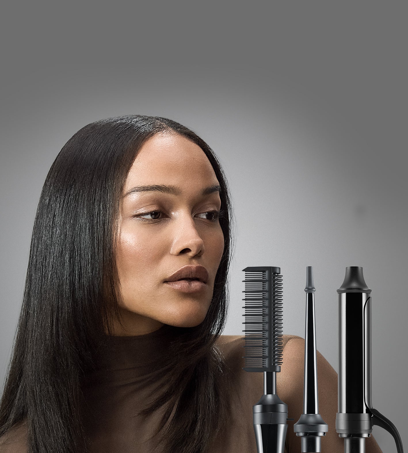 image of model and Texture 3-in-1 Interchangeable Curling Iron & Hot Comb