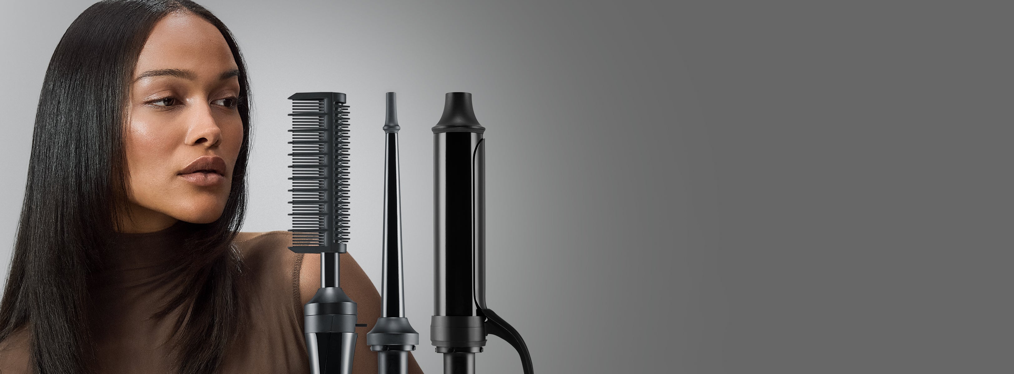 image of model and Texture 3-in-1 Interchangeable Curling Iron & Hot Comb