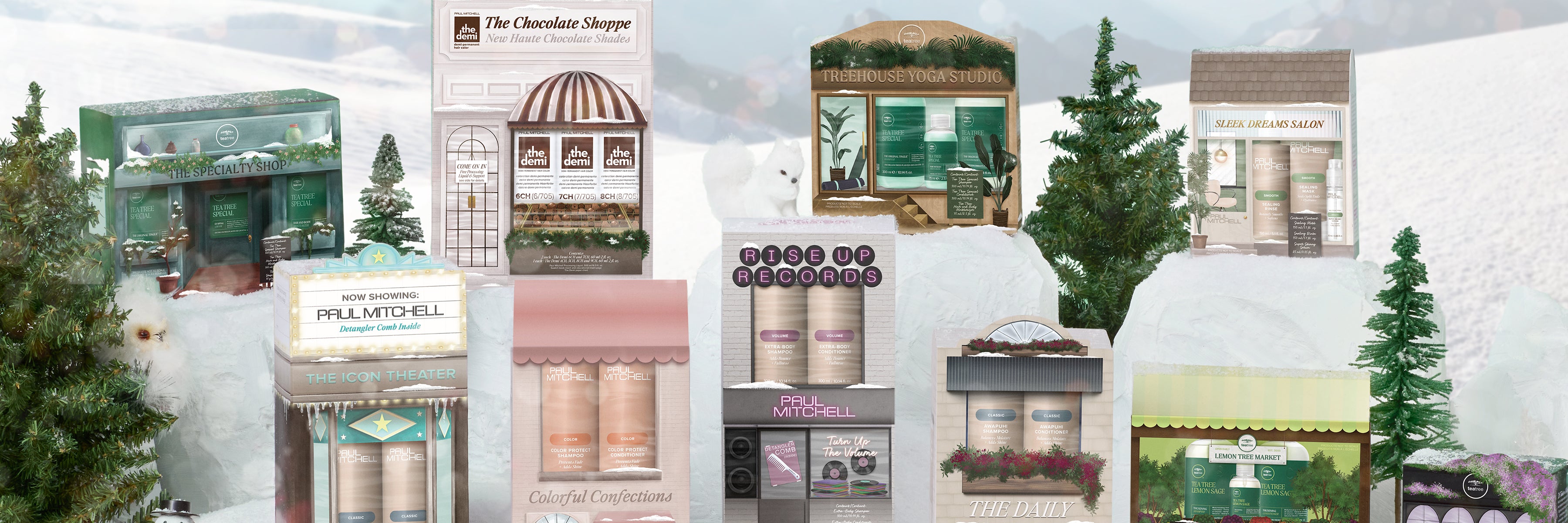 image of an enchanting holiday scene where Paul Mitchell and Tea Tree holiday gift sets are displayed 