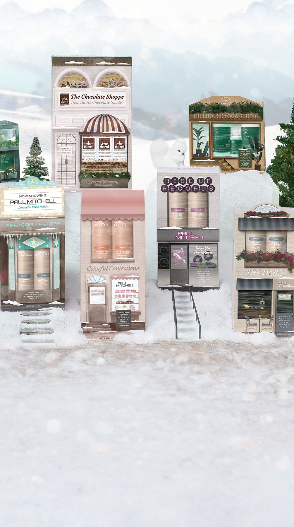 image of an enchanting holiday scene where Paul Mitchell and Tea Tree holiday gift sets are displayed 