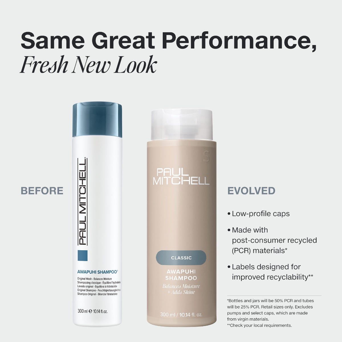 Paul Mitchell Awapuhi Shampoo in new PCR packaging with a low-profile cap.