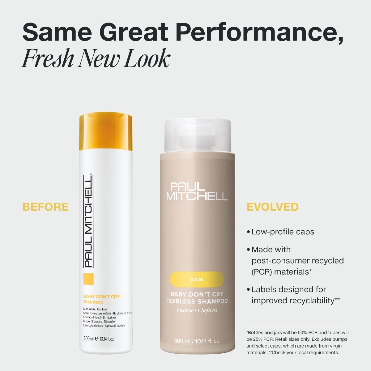 Paul Mitchell Baby Don’t Cry Tearless Shampoo in new PCR packaging with a low-profile cap.