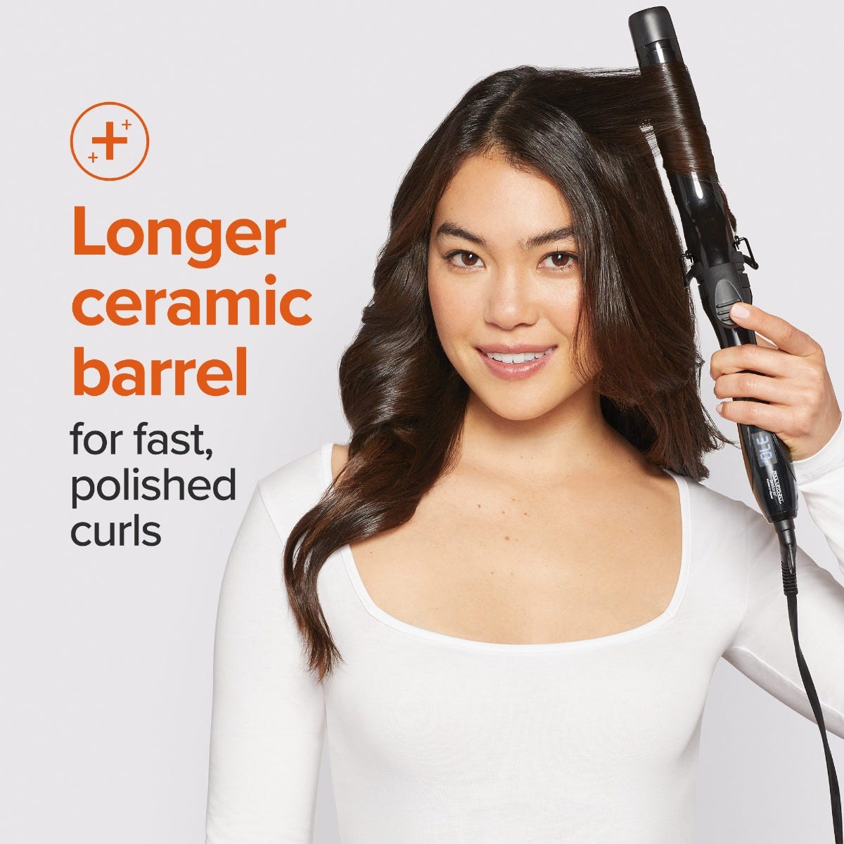 longer, ceramic barrel for fast, polished curls