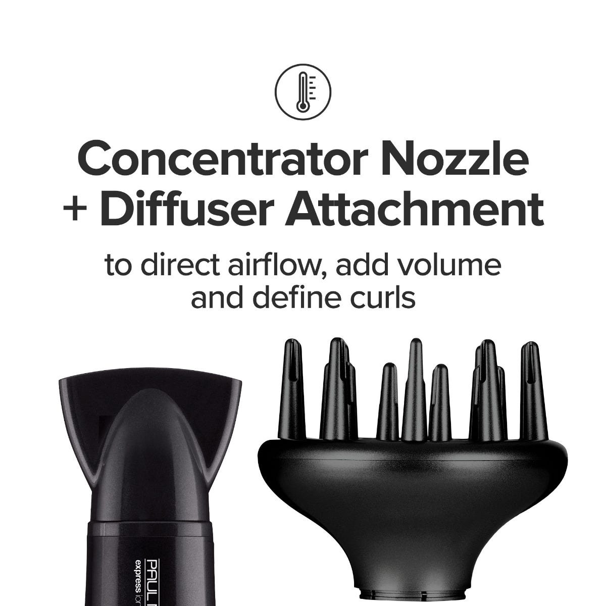 Concentrator nozzle and diffuser attachment to direct airflow, add volume and define curls