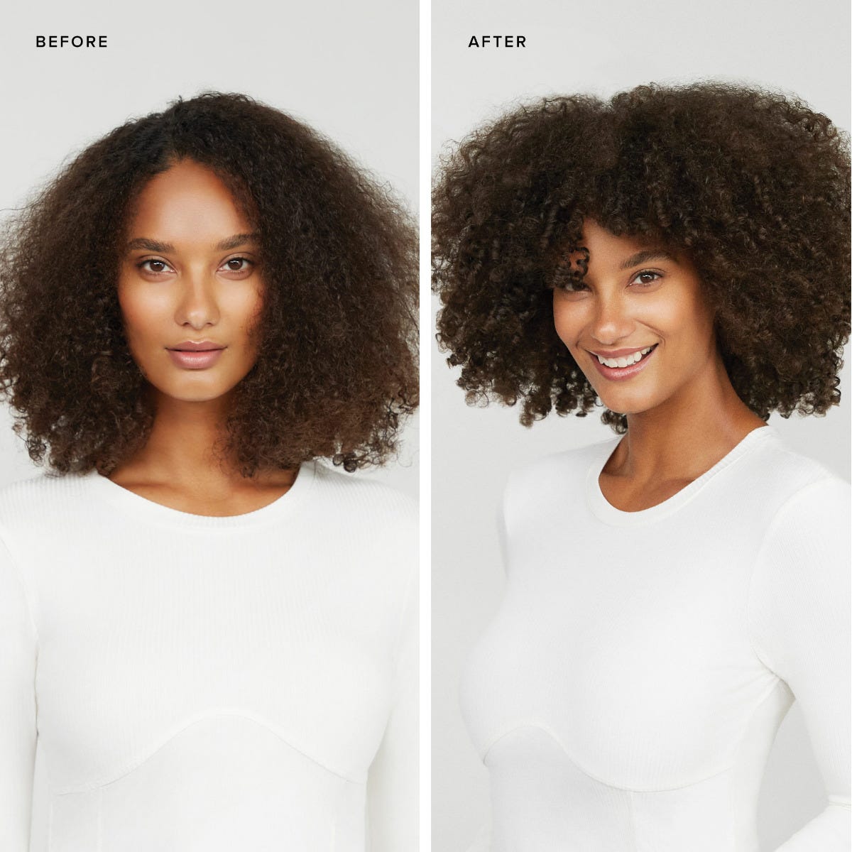 Before and after of curly hair diffused with the Express Ion Dry+ hair dryer