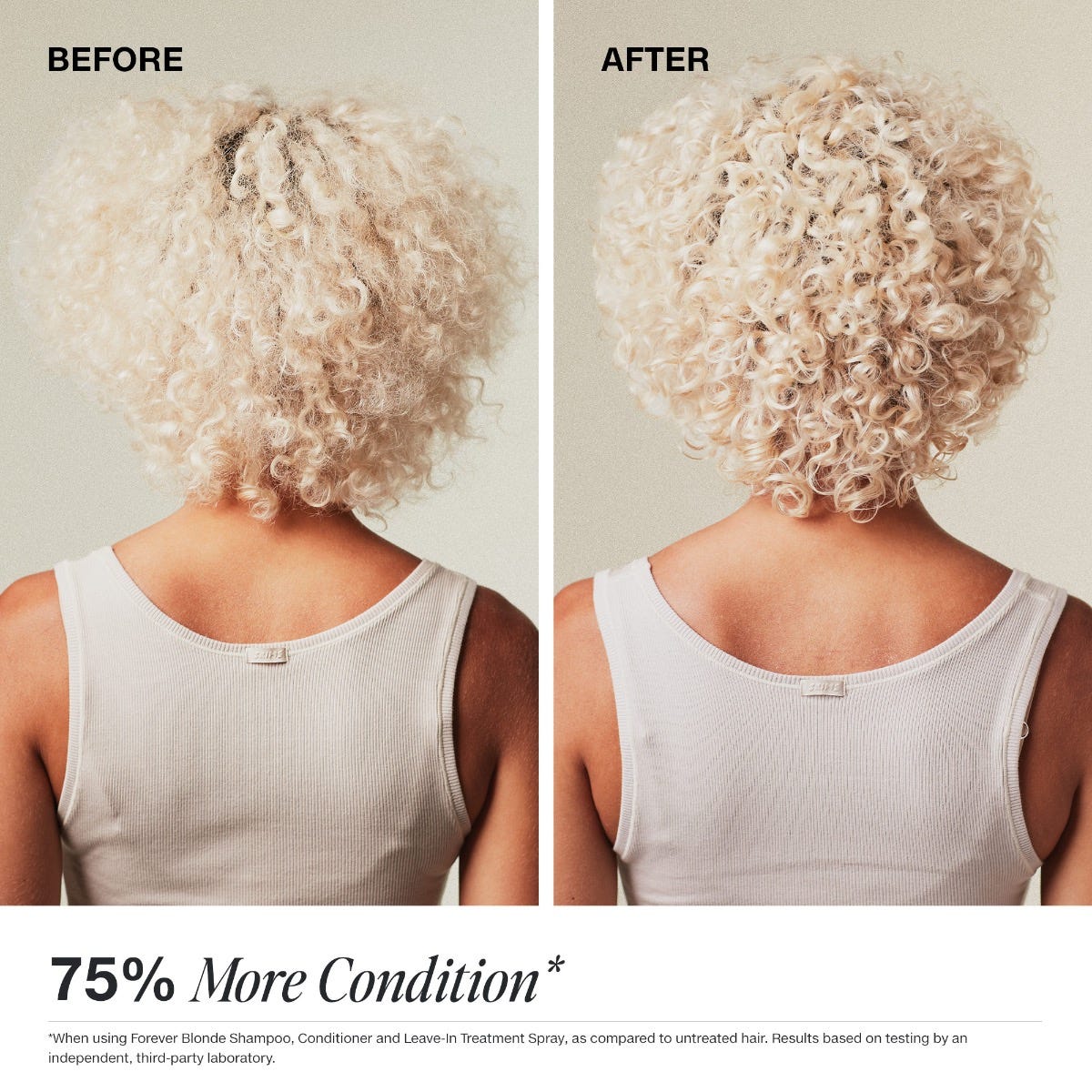 Bleached hair looks 75% more conditioned after using Paul Mitchell Forever Blonde Shampoo, Conditioner + Leave-In Treatment.