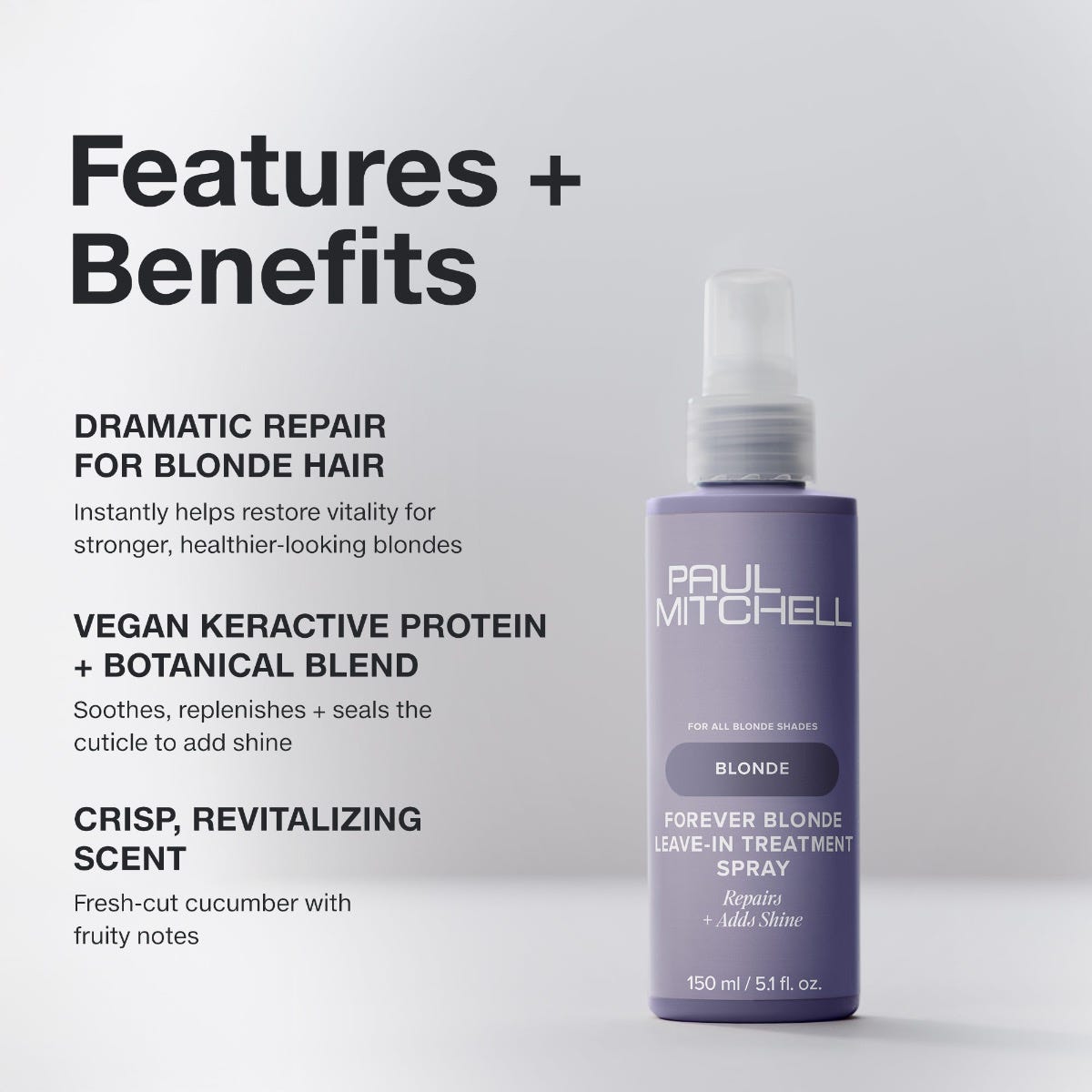 Paul Mitchell Forever Blonde Leave-In Treatment Spray: Dramatic repair, vegan KerActive protein and a crisp, revitalizing scent.