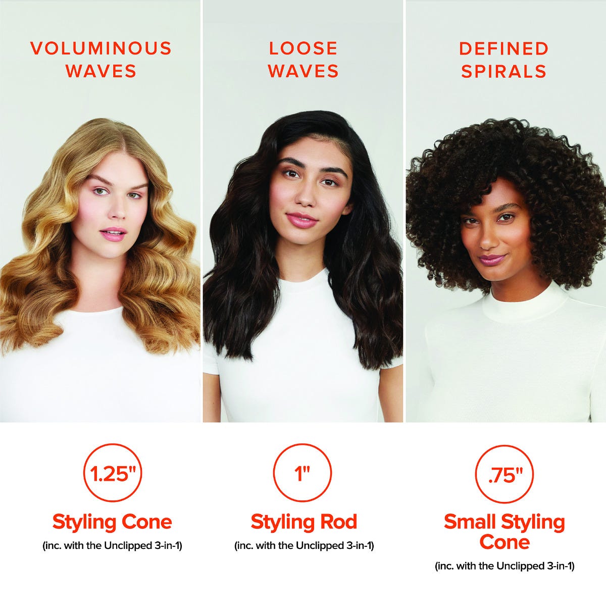 Image of models styled with each of the attachments included with the Unclipped 3-in-1.
