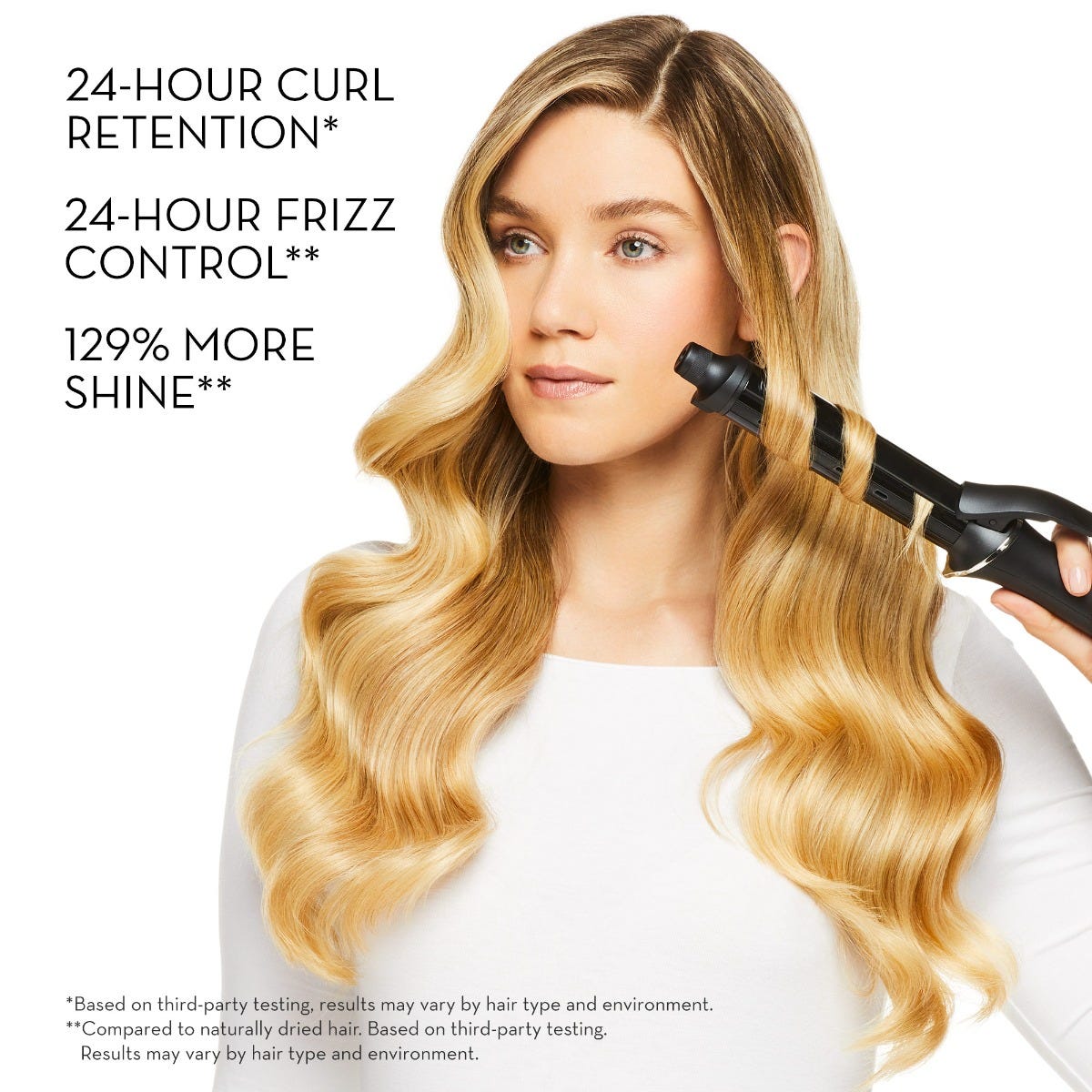 24-HOUR CURL RETENTION*
24-HOUR FRIZZ CONTROL**
129% MORE SHINE**

*Based on third-party testing, results may vary by hair type and environment. 
**Compared to naturally dried hair. Based on third-party testing. Results may vary by hair type and envi