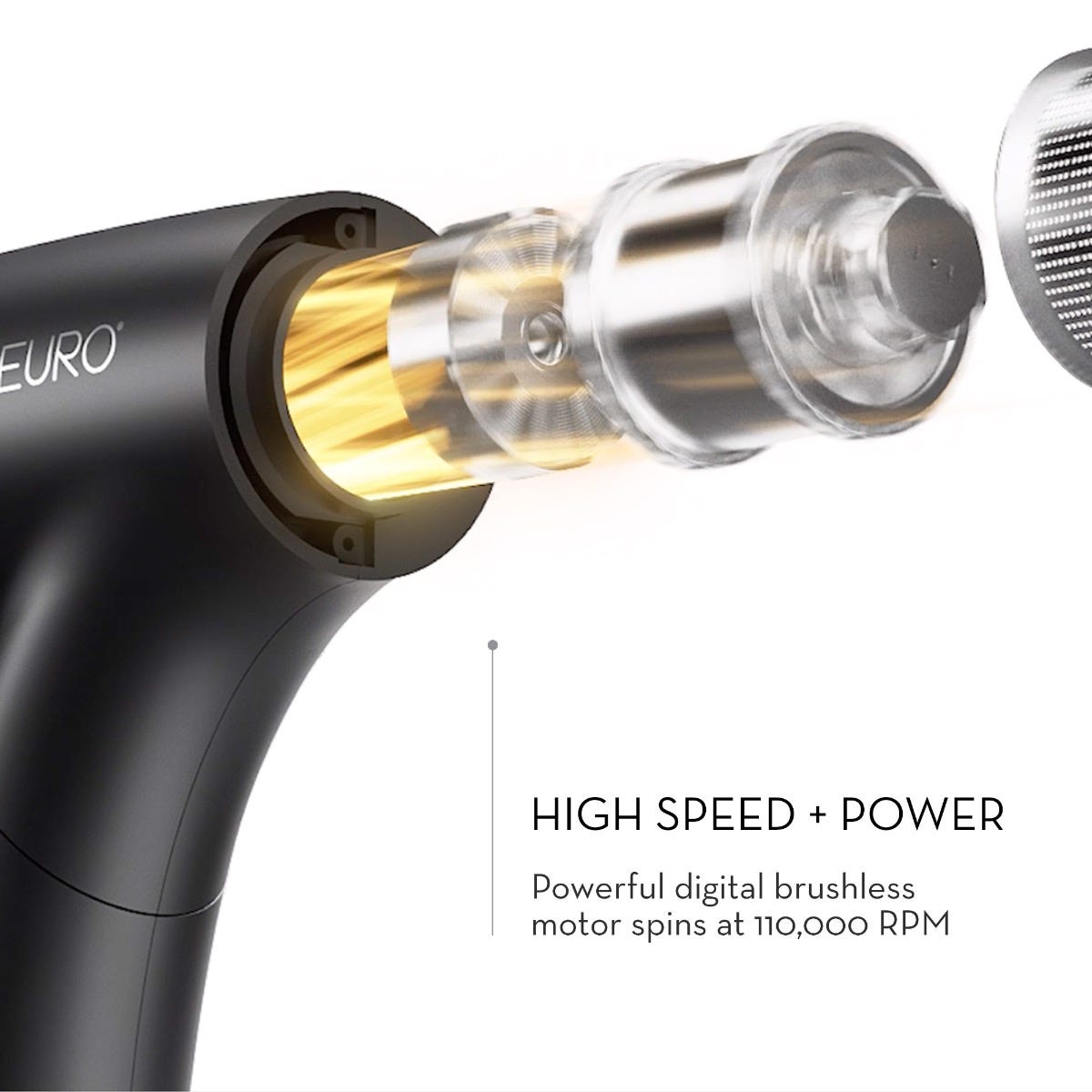 HIGH SPEED + POWER
Powerful digital brushless motor spins at 110,000 RPM