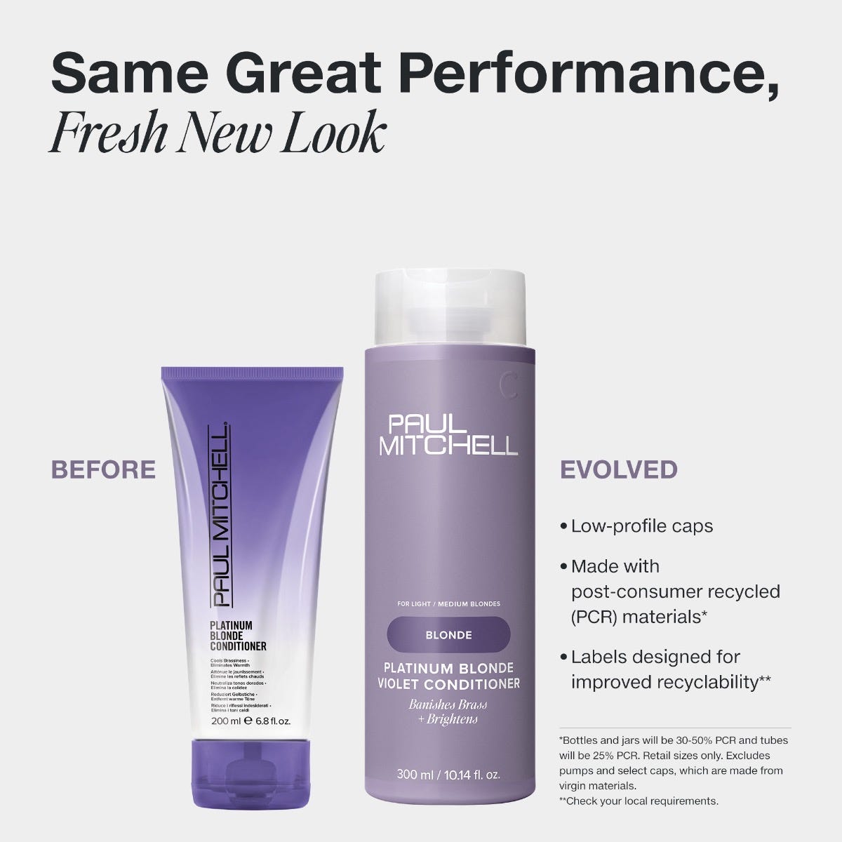 Paul Mitchell Platinum Blonde Violet Conditioner in new PCR packaging with a low-profile cap.