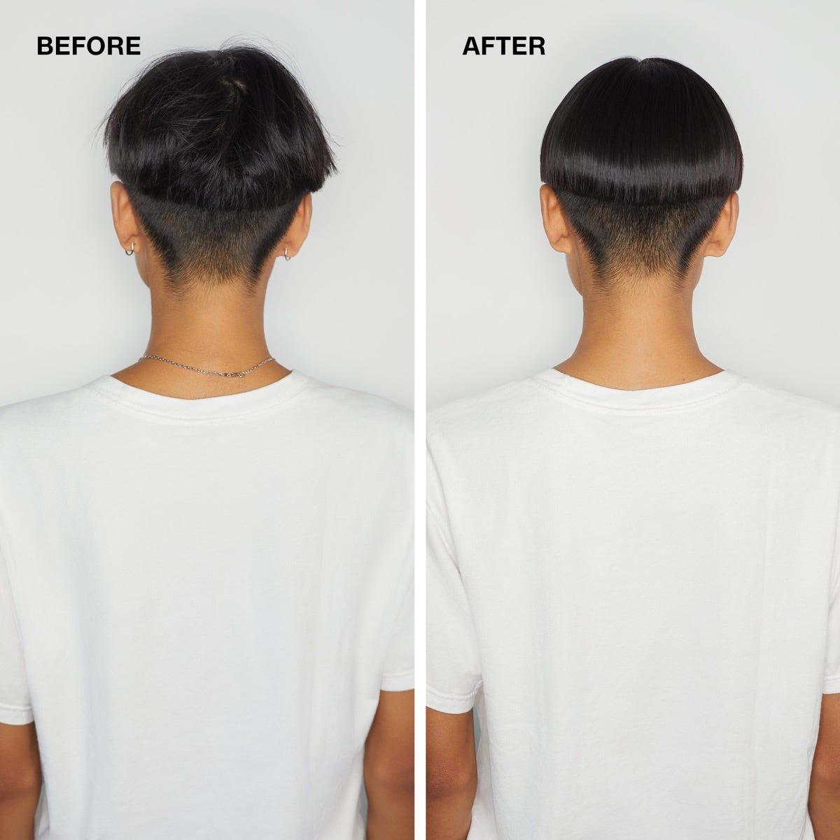 before/after image of a woman's short brunette hairstyle