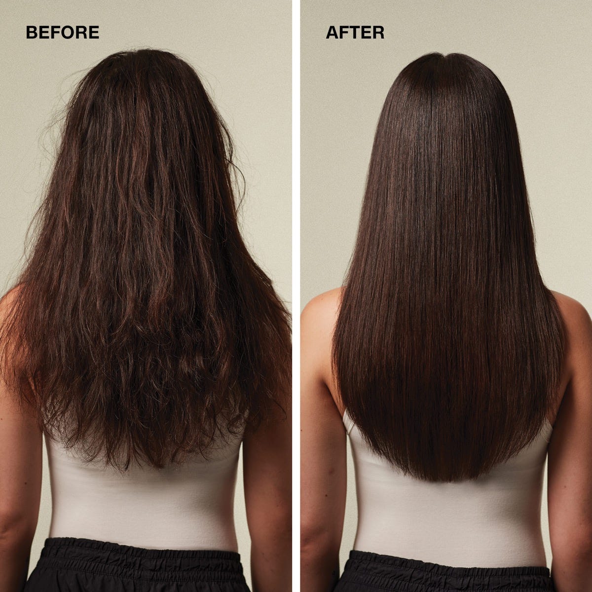 before/after image of a woman's long brunette hairstyle
