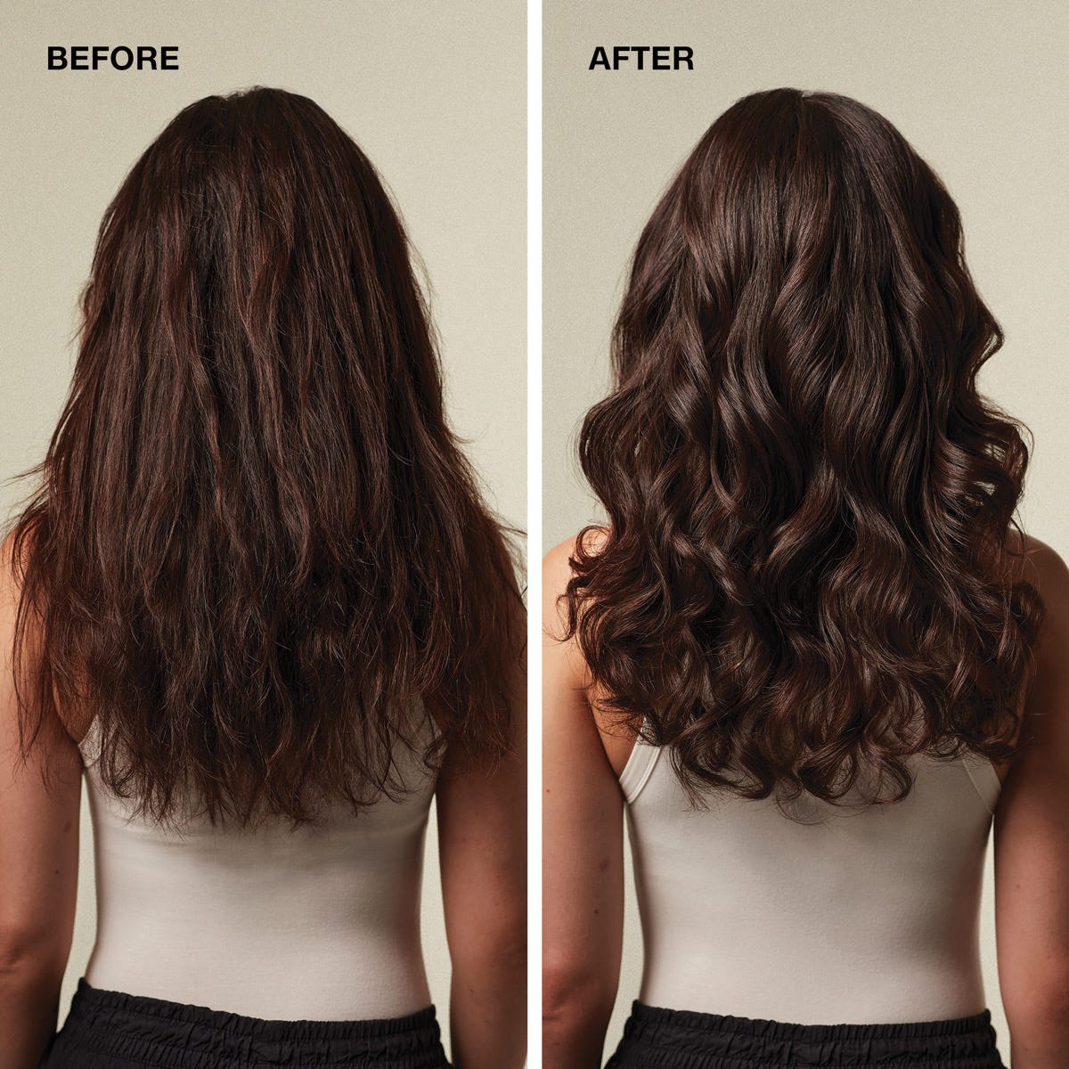 before/after image of a woman's long brunette hairstyle