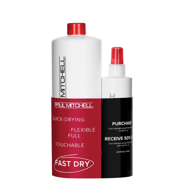 Pictured is the Paul Mitchell Fast Dry set in deep red and black packaging.