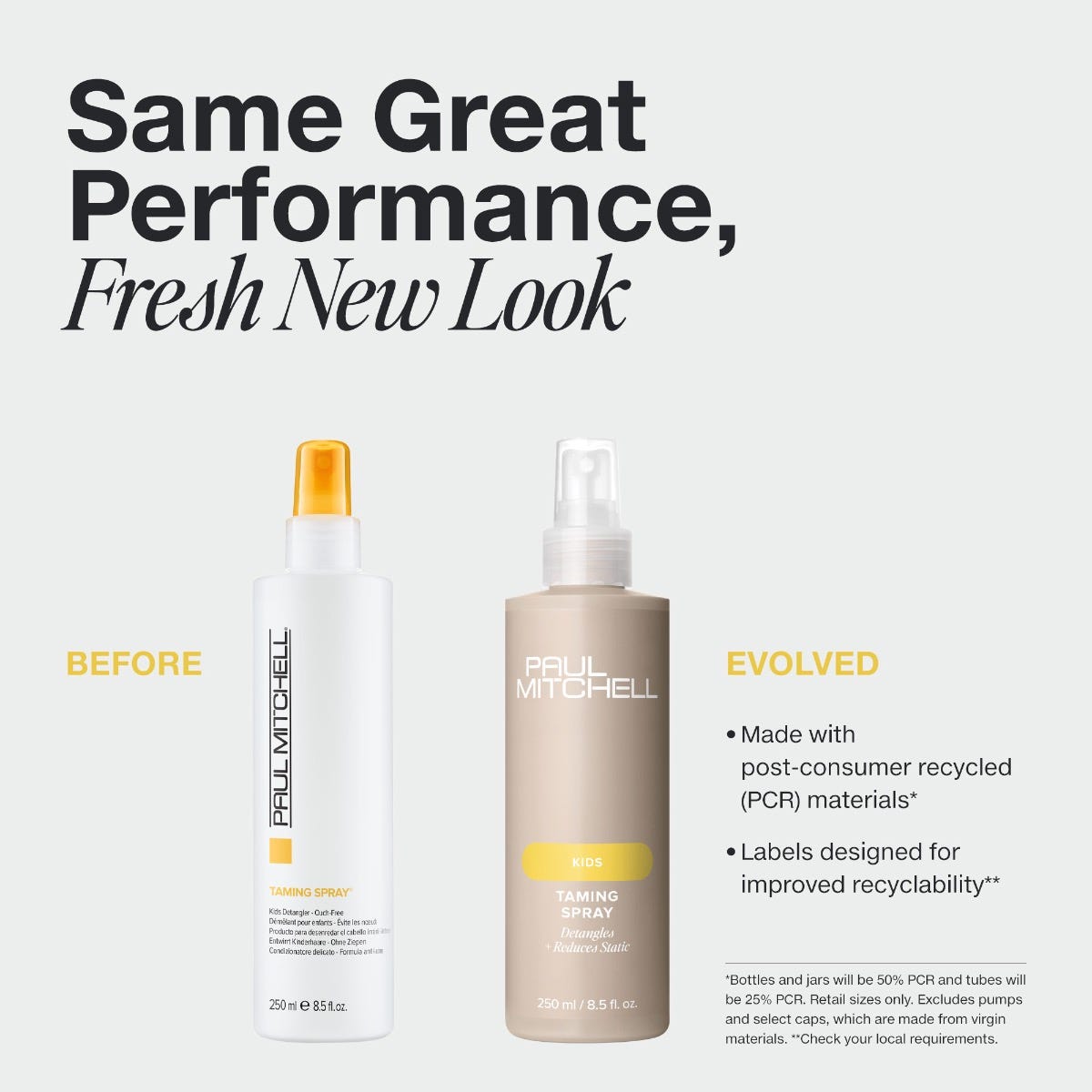 Paul Mitchell Taming Spray in new PCR packaging with label designed for improved recyclability.