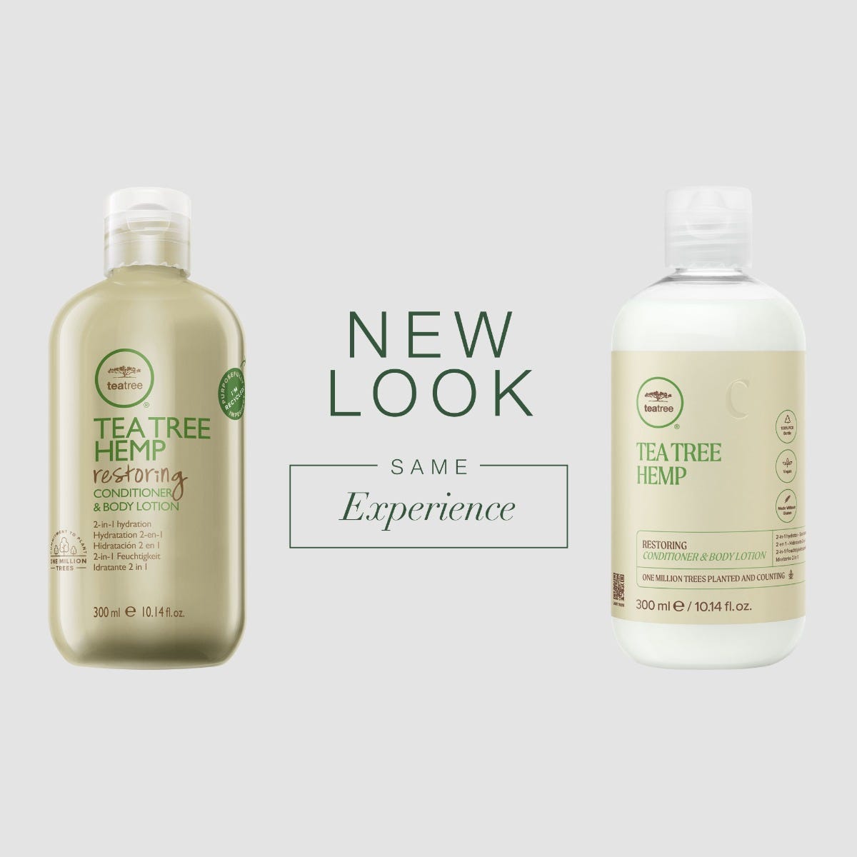 Tea Tree Hemp Restoring Conditioner and Body Lotion, new look same experience
