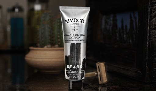 Artistic image of MVRCK Skin + Beard Lotion with safety razor