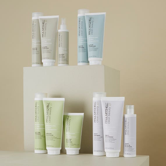 image of entire collection of Paul Mitchell Clean Beauty products